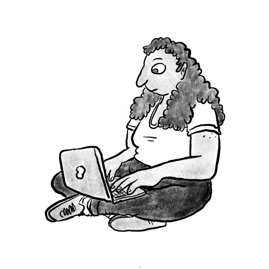 A black and white illustration of a girl sitting cross legged using her laptop