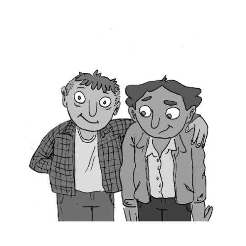 Header image for teenagers and depression page. Illustration of older mad wearing plaid jacket and white top with arm around male teenager wearing white collared shirt and jacket