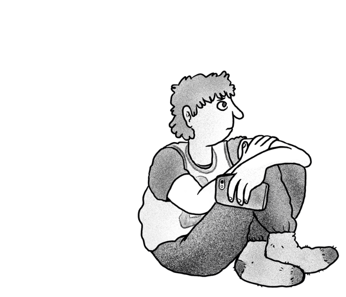 Black and white illustration of a young person sitting cross legged on the floor with a phone in their hand - building the fundamentals of good mental health header image