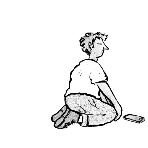 Black and white illustration of young man kneeling on the floor with his eyes closed and phone on the floor