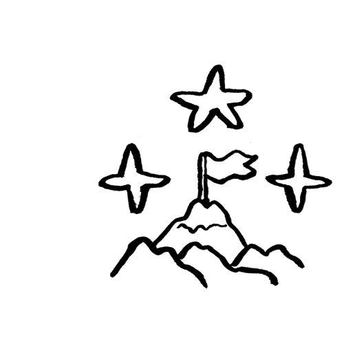 Black and white illustration of a mountain range with a flag on top of the middle mountain and stars in the skye