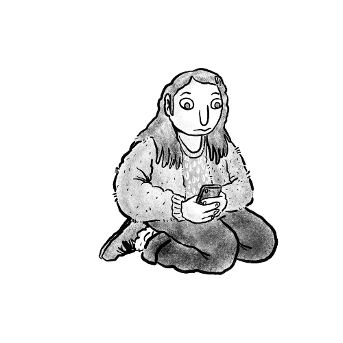 black and white illustration of girl with long hair kneeling on the floor with her phone in her hands