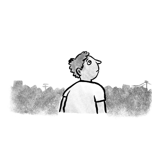 Black and white illustration of boy in a white tshirt looking up at the sky