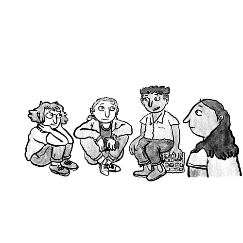 black and white illustration of two boys and two girls sitting in a circle talking