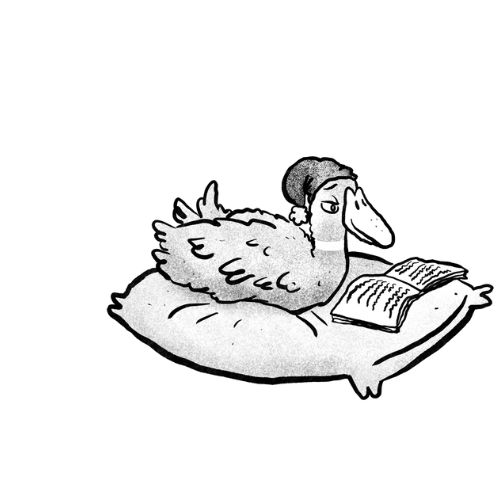 Black and white illustration of duck wearing beanie sitting on pillow reading a book