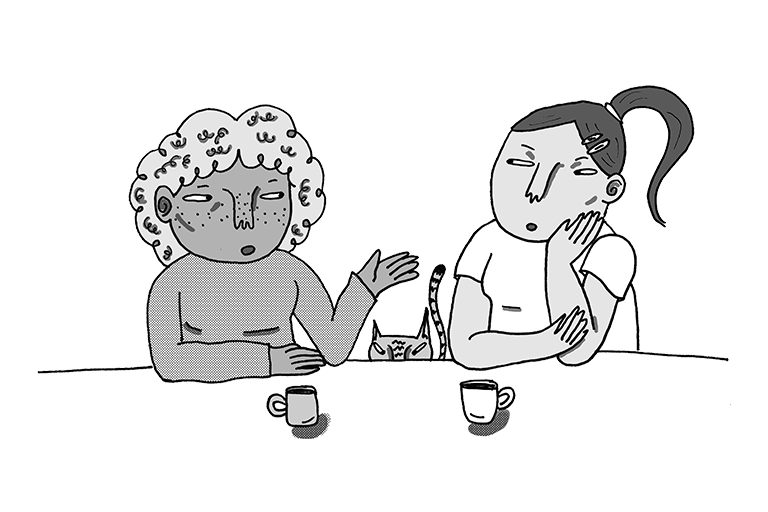 black and illustration of young people having a deep conversation about their mental health over a cup of coffee