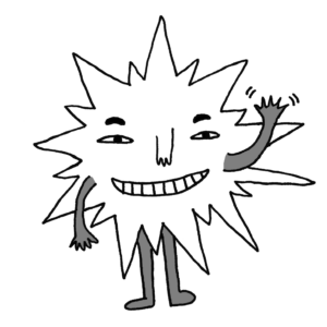 Black and white illustration of a star explosion character with arms, legs and a grin