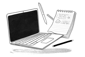 black and white illustration of laptop, pens and a notepad floating